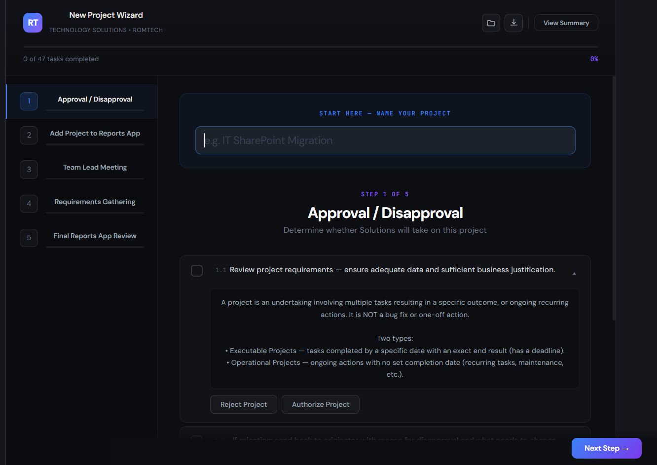 New Project Wizard showing a five-step guided intake flow, starting with project approval